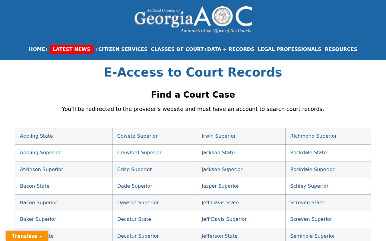 Georgia courts electronic access directory for locating public court record systems