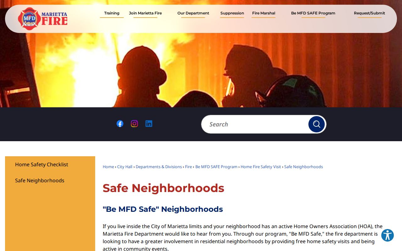 City of Marietta Safe Neighborhoods webpage listing association contact resources