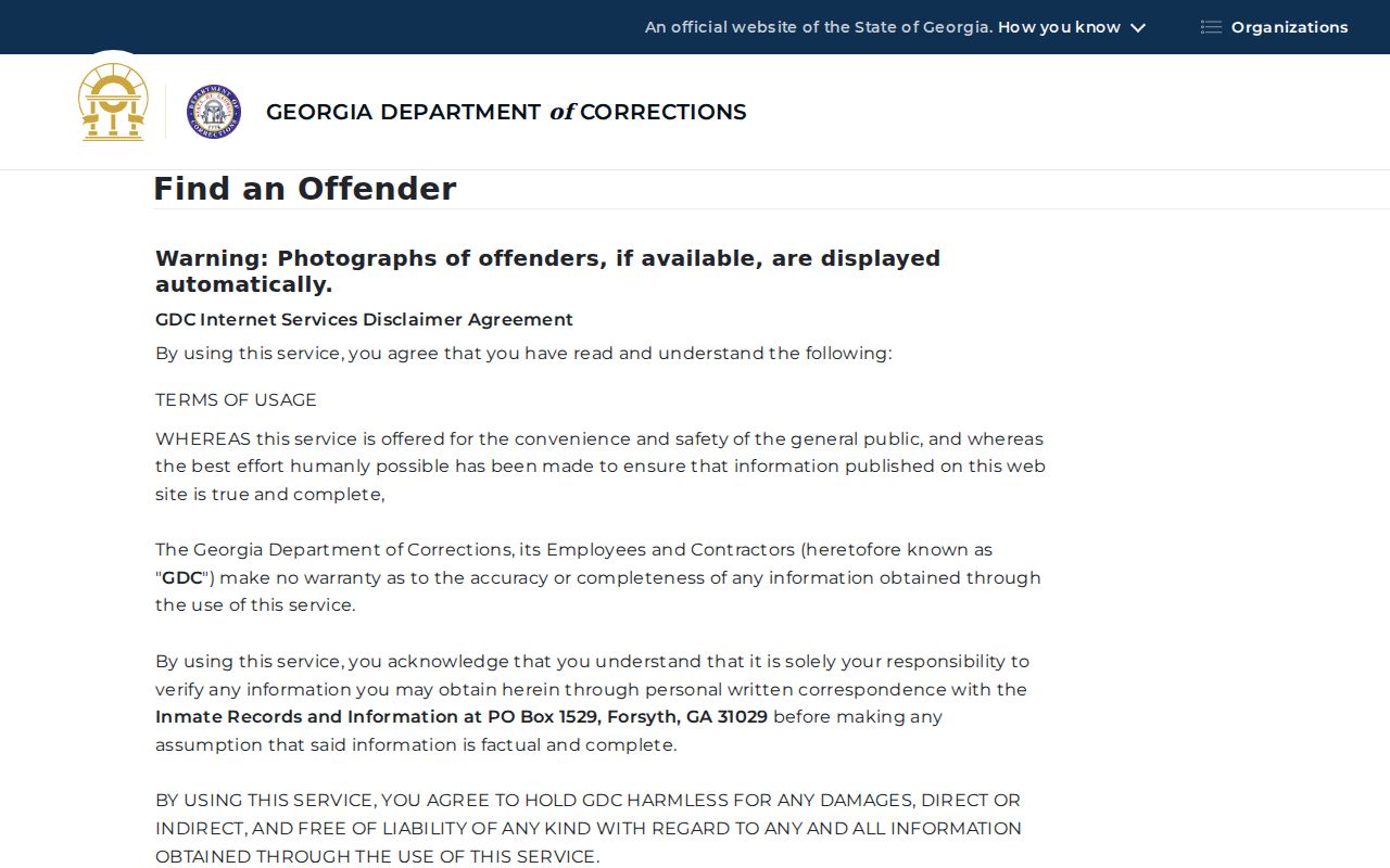 Georgia Department of Corrections offender query used in resident verification