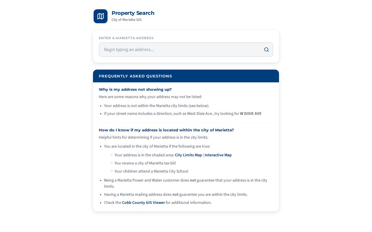 Marietta city property tool for city-limit and school-zone verification
